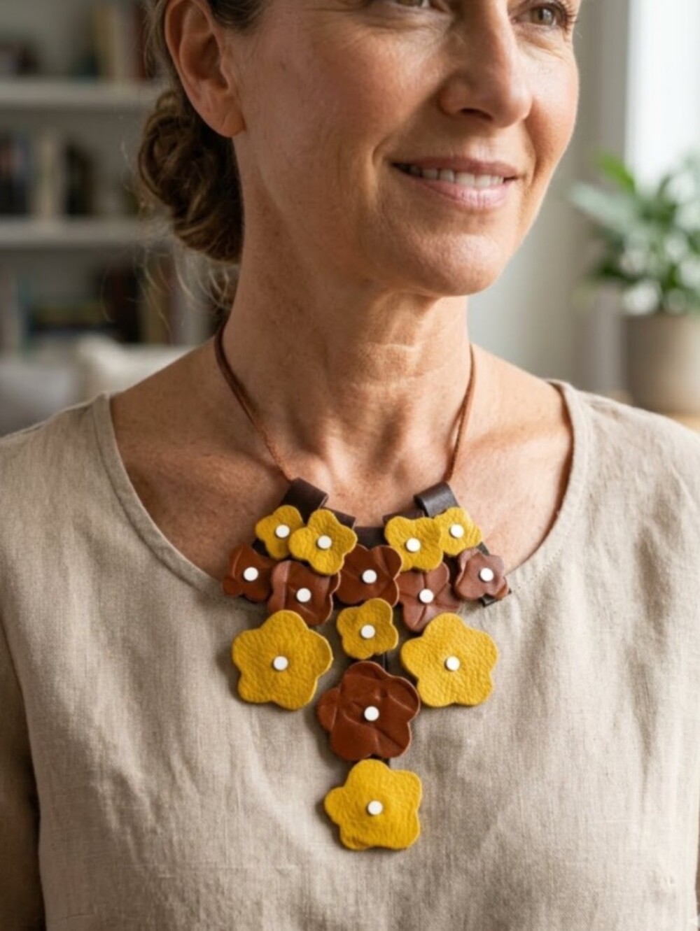 Handmade Genuine Leather 2D Statement Flower Necklace Yellow Rust 050